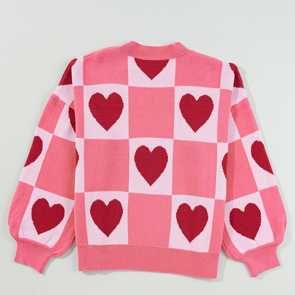 Pink Plus Size Love Heart Block Mock Neck Lantern Sleeve Valentine Sweater
