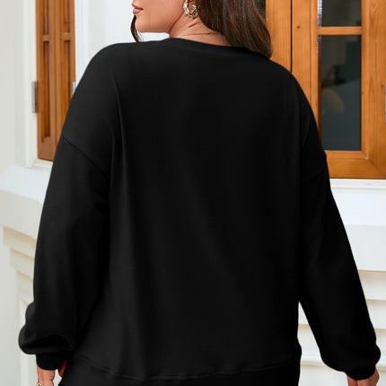 Black Solid Button Placket Crew Neck Plus Size Sweatshirt