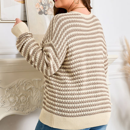 Khaki Stripe Plus Size V Neck Drop Shoulder Sweater