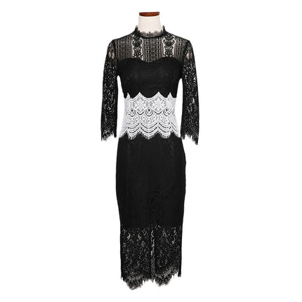 Stand-collar Spring New Arrival Black And White Patchwork Eyelash Lace Waist-cinching Dress