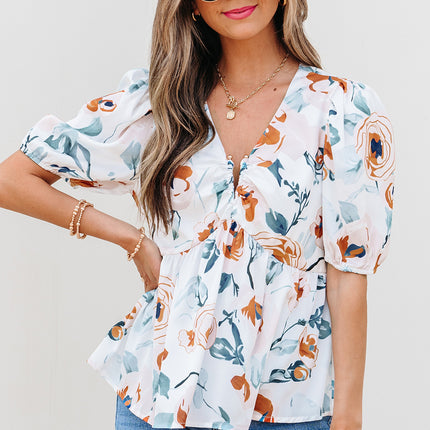 Green Floral Print Puff Sleeve V Neck Babydoll Blouse