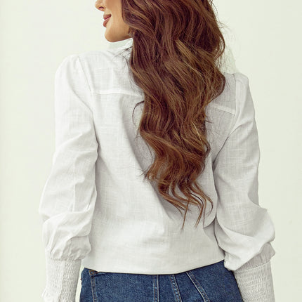 White Floral Embroidered Shirred Sleeve Elegant Shirt