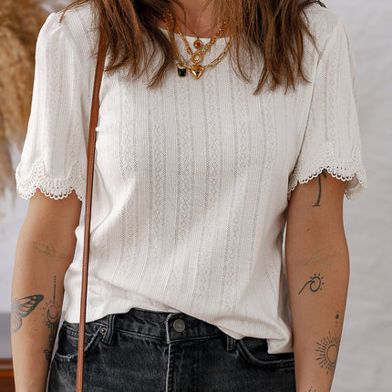 White Scalloped Lace Trim Jacquard Textured T Shirt