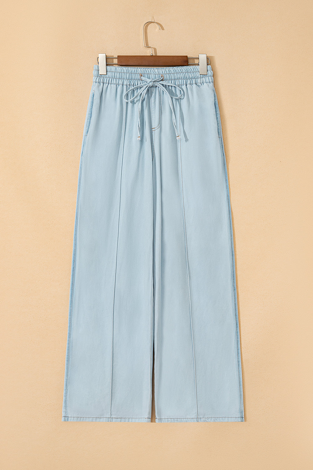 Beau Blue Light Wash Contrast Trim Center Seam Drawstring Elastic Waistband Wide Leg Denim Pants