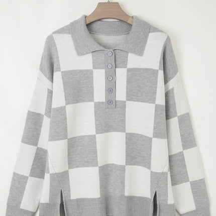 Gray Plus Size Checkered Pattern Button Polo Collar Split Sweater