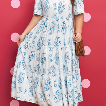 Sky Blue Plus Size Geometric Floral Print Button Split Neck Short Sleeve Maxi Dress