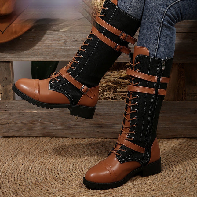 Round Toe Rivet Belt Buckle Square Heel Boots