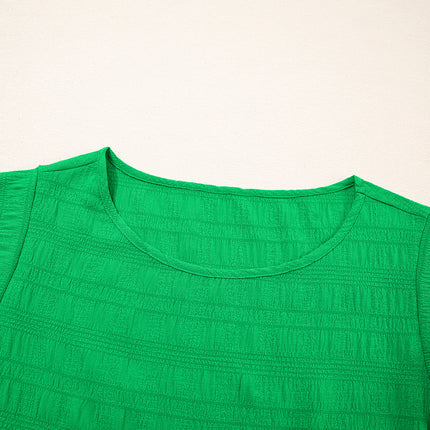 Dark Green Textured Ruffled Sleeve Round Neck Top