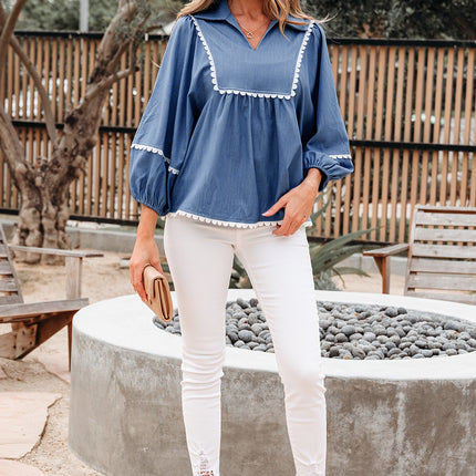 Dusk Blue Lace Ric Rac 3/4 Puff Sleeve Collared Babydoll Blouse