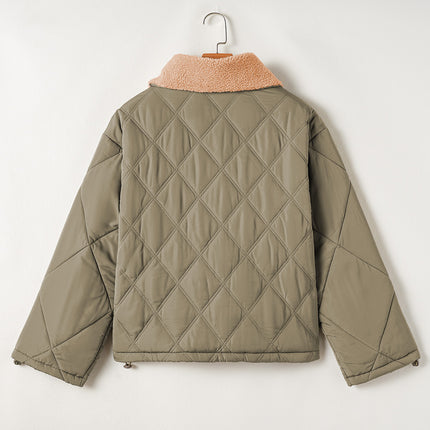 Jungle Green Teddy Collar Flap Pockets Quilted Puffer Jacket
