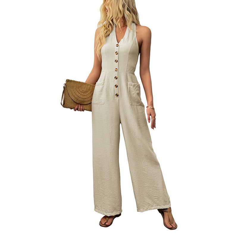 All-matching Simple And Thin Halter Solid Color Wide-leg Jumpsuit
