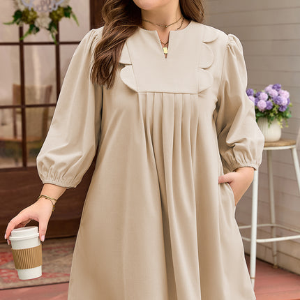 Parchment Notched Neck Scallop Detail Plus Size Mini Dress