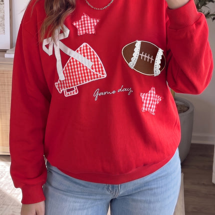 Racing Red Rugby Game Day Patchwork Graphic Plus Size Sweatshirt