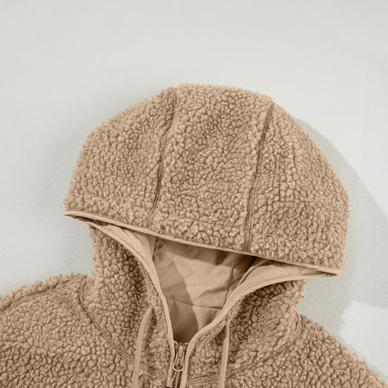 Pale Khaki Fleece Zip Up Drawstring Hooded Pocketed Jacket