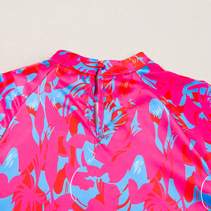 Purple Printed Bubble Sleeve Mock Neck Blouse