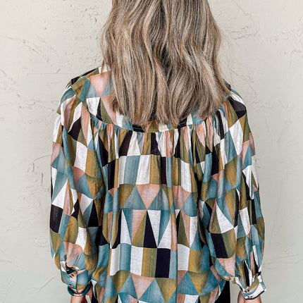 Green Geometric Print Buttoned Balloon Sleeve Loose Fit Shirt