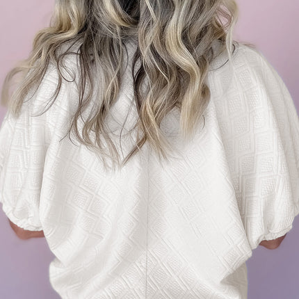 White Contrast Striped Collar Patchwork Textured Half Sleeve Blouse