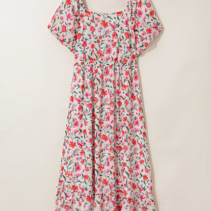 Pink Plus Size Floral Square Neck Puff Sleeve Ruffle Maxi Dress