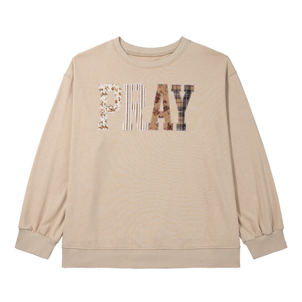 Coffee PRAY Letter Patchwork Round Neck Long Sleeve Plus Size Sweatshirt