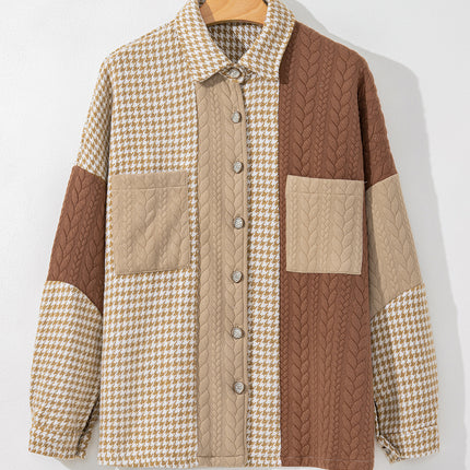 Khaki Houndstooth Color Contrast Textured Patchwork Loose Shacket