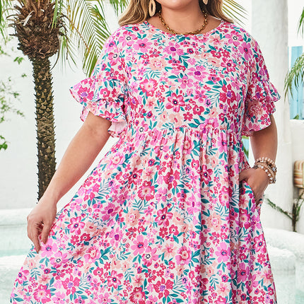 White Plus Size Floral Print Frilled Short Sleeve Flare Dress