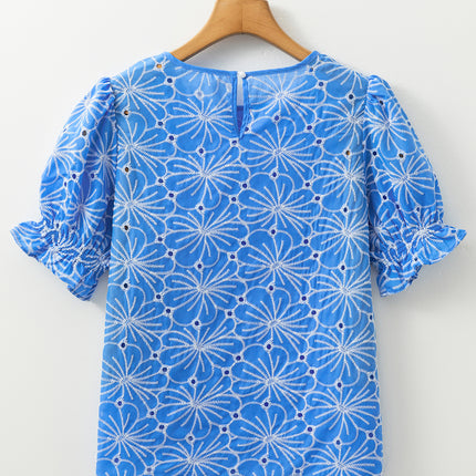 Sky Blue Eyelet Flower Embroidery Frilled Short Puff Sleeve Blouse