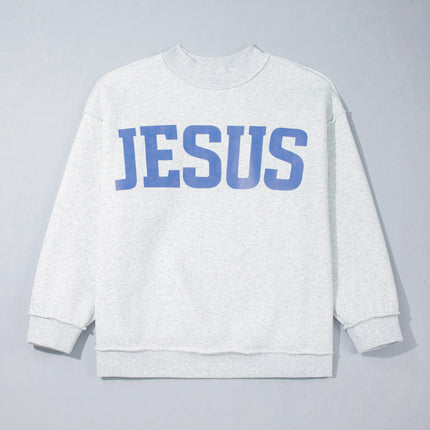 Light Grey Jesus Slogan Stand Neck Long Sleeve Oversized Tunic Plus Size Sweatshirt
