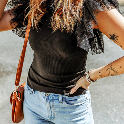 Black Dotty Mesh Ruffle Sleeve Ribbed Knit Top