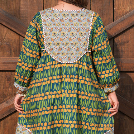 Green Plus Size Mixed Floral Print Striped Trim Loose Mini Dress
