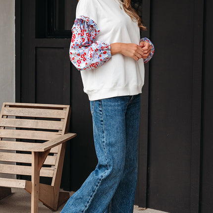 White Floral Ruffled Balloon Sleeve Patchwork Loose Blouse