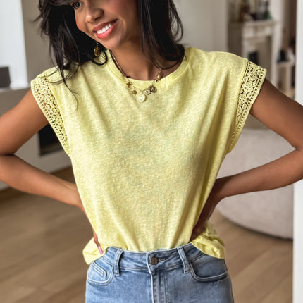 Yellow Cream Lace Patchwork Cap Sleeve Round Neck T Shirt