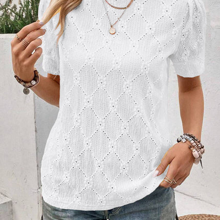 White Flower Geometric Textured Button Short Sleeve Top