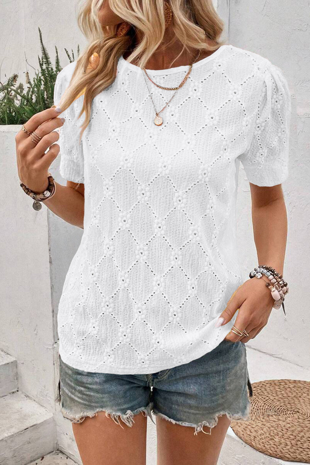 White Flower Geometric Textured Button Short Sleeve Top