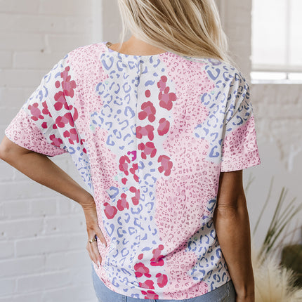 Pink Mixed Leopard Print V Neck Short Sleeve Blouse
