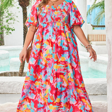 Rose Abstract Printed Puff Sleeve Square Neck Smocked Bust Tied Back Plus Size Dress