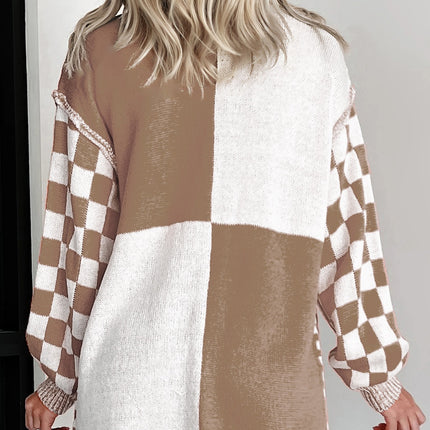 Orange Plus Size Checkered Bubble Sleeve Drop Shoulder Open Cardigan