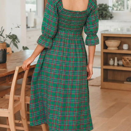 Green Tartan Plaid Square Neck Puff Sleeve Knot Waist Flared Midi Dress