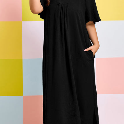 Black Plus Size Solid Color Notched Neck Short Sleeve Loose Dress
