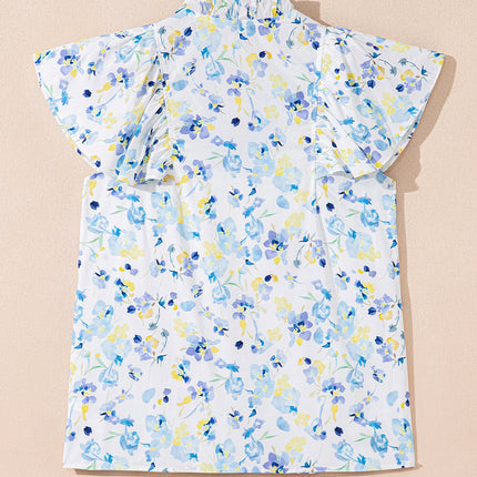 Sky Blue Floral Print Frilled Notched V Neck Blouse