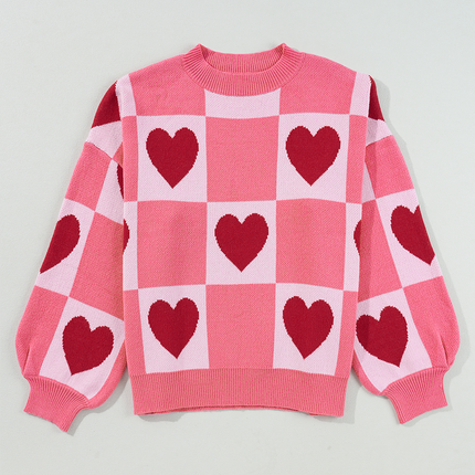 Pink Plus Size Love Heart Block Mock Neck Lantern Sleeve Valentine Sweater