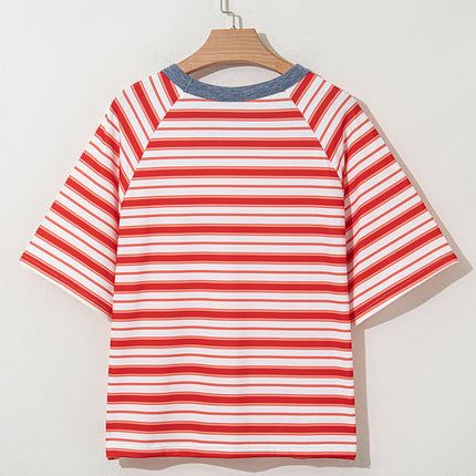 Tomato Red Stripe Print Contrast Collar Raglan Sleeve T Shirt