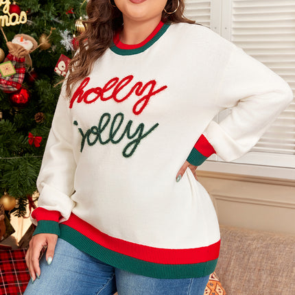 White Tinsel holly jolly Pattern Colorblock Edge Drop Shoulder Plus Size Sweater
