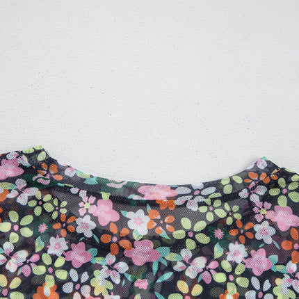 Black Sheer Floral Mesh Round Neck T Shirt