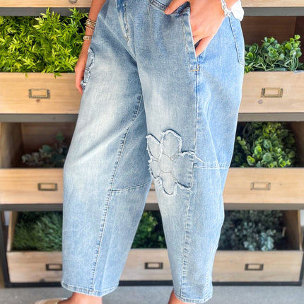 Beau Blue Flower Patched Light Wash Cropped High Waist Jeans