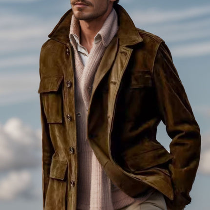 Regular Men's Cowhide Casual Coat And Trench Coat Multi-pocket
