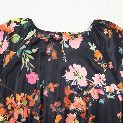 Black Plus Size Floral Print Tie Neck Cinched Waist Long Sleeve Mini Dress