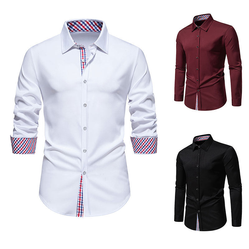 Men's Fashion Loose Plaid Stitching Casual Long-sleeved Shirt