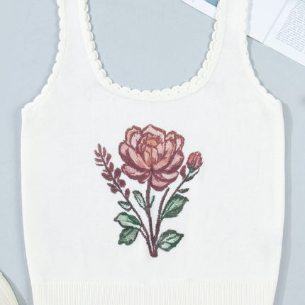 White Plus Size Floral Print Scalloped Trim Square Neck Sweater Vest