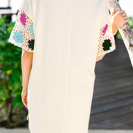 White Floral Crochet Splicing Sleeve T Shirt Dress