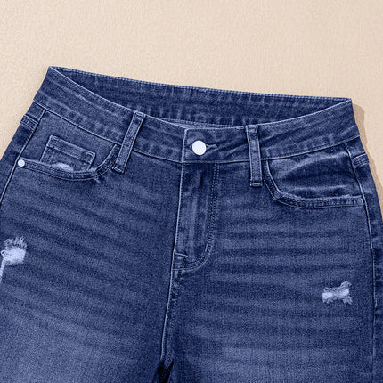 Real Teal Folded Cuffs Distressed Straight High Waist Jeans